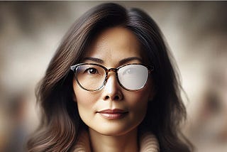 A woman with glasses — one lens is transparent, the other opaque