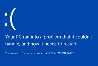 The infamous Microsoft blue screen of death. It has a huge unhappy face icon :( and says that the PC has run into a “problem it couldn’t handle” and needs to start.