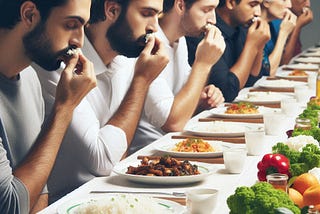 a row of men at a table smelling items