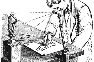 Drawing that depicts painter using camera lucida to outligne the drawing. Camera lucida looks like a glass pane or half-silvered mirror on a stick tilted at 45 degrees.