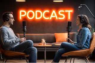 Two podcasters, a man and a woman, sit in a modern studio with microphones and headphones, engaged in conversation. A neon “PODCAST” sign glows in the background.