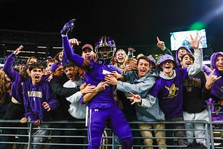 Oct 21, 2023; Seattle, Washington, USA; Washington Huskies safety Mishael Powell (3) celebrates with fans in the student section following a 15–7 victory against the Arizona State Sun Devils at Alaska Airlines Field at Husky Stadium. Credit: Joe Nicholson-USA TODAY Sports