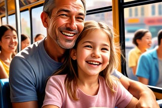 In this image you can see a father and his daughter sitting on a bus in a happy pose.