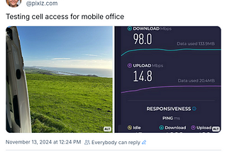 “Testing cell access for mobile office” an image of Chesil beach, the fleet lagoon, green grass, blue sky and the sea from Abbotsbury hill and a speed test result showing 98Mbps download and 14.8Mbps upload.