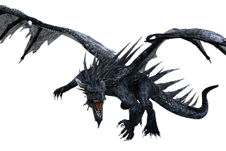 A dragon flying with wings spread, ominously looking down for a target