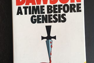The cover of A Time Before Genesis by Les Dawson. A white background with an illustration of a dagger on the front. The author’s name is in bold red with the title below it in black.