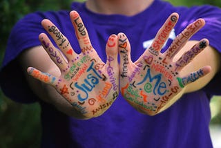 Hands with writing on it.