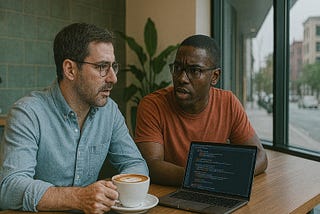 Two software developers engaged in serious discussion at a café table. One person in a light blue button-up shirt holds a coffee cup while listening intently. The other person in an orange t-shirt appears to be explaining something, gesturing toward a laptop displaying code on the screen. Large windows and a plant are visible in the background.