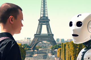 AI generated image with prompt “A humanoid chatbot, with a human face, talking to a tourist, in France with the Eiffel Tower in the background”