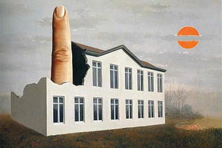 a two-story white house with two rows of windows and an index finger protruding through the roof on the left side, pointing up, a hazy gray sky, and an orange sun with a streak of gray