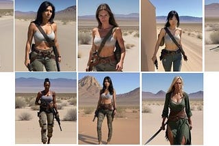 Eight photos of eight warrior women in tattered clothes, carrying weapons, walking in the Mojave Desert.