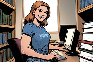 Young woman sitting at her desk working on a computer, looking at the viewer, smiling happily and confident.