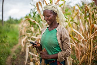 image of a rural African woman in a farm holding a cellphone and smiling. source; Mastercard