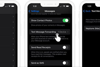 Three iPhone screens laid out horizontally showing the steps outlined in the article on how to setup an iPhone to use text message forwarding with a Mac