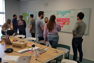A group of people deliberate over different coloured post-its on a whiteboard in a card-sorting activity