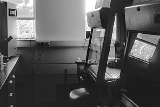 black and white picture of an empty lab