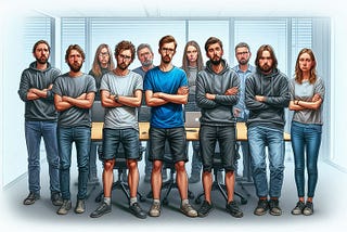 An AI generated image in the style of an airbrush caricature showing eleven software developers that are all stood around a meeting table. They all have their arms crossed and have expressions indicating they aren’t very happy, or perhaps fed up that they have been forced into another pointless meeting.