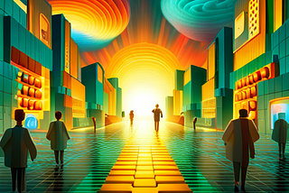 Colorful digital cityscape with tall buildings, swirling clouds, and silhouetted figures walking towards a radiant sunset on a cobblestone path.