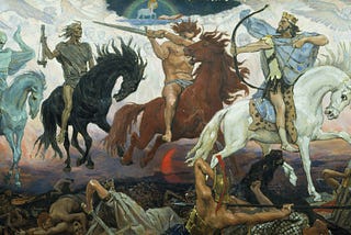 A painted tableau of the Four Horsemen of the Apocalypse, the sky parting behind them, soldiers in disarray below them.
