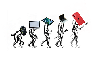 The development of apple devices over time, superimposed on a stereotypical depiction of human evolution.