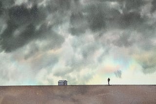 Hand painted picture of a man walking under a stormy sky to a lone cabin.