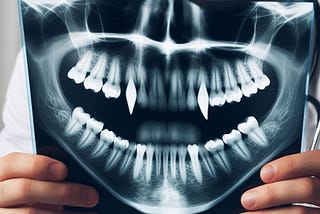 A dental X-ray showing a human mouth with large fangs.