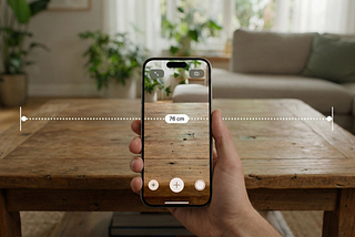 iPhone Measure app interface displaying augmented reality measurement on a wooden table.
