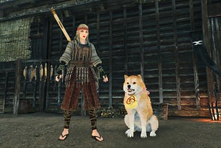 My custom character stands next to the pilgrim dog in Rise of the Ronin.
