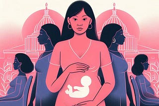 An illustration of a pregnant person of color holding their belly with a glowing silhouette of a fetus inside. They are centered in the foreground, looking forward with a serious expression. Behind them are five other silhouetted pregnant people of color, seated or standing, facing away in various directions. The background features stylized government buildings with domes and torches, evoking the U.S. Capitol.