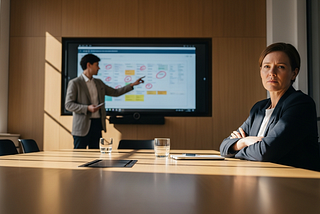 A woman in a dark blazer sits at a conference table with arms folded, looking directly at the camera with a sceptical expression. Behind her, a man gestures at a large screen filled with a project board covered in red circles and sticky notes. The contrast between his enthusiasm and her disbelief captures the familiar tension of a planning meeting where the numbers don’t add up.