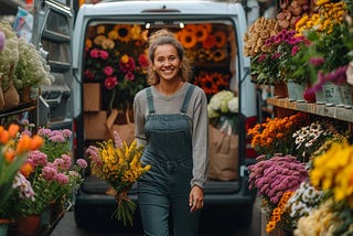 A cheerful florist stands proudly in front of her flower-filled van at the local market.