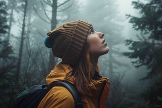 photo of a woman looking up in a dense fog in a forest
