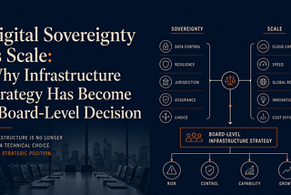 Digital sovereignty versus scale graphic showing board-level infrastructure trade-offs around control, resilience, capacity and growth.