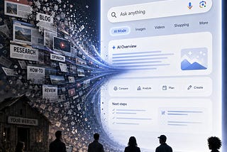IMAGE: A dramatic futuristic scene showing the open web being sucked into a giant AI-powered search interface, while content creators watch as their articles, videos, and websites disappear into the system