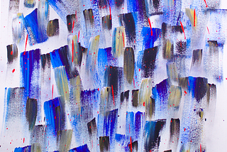 Abstract painting by the author. Blue, black, white and gold brush strokes with drips and splashes of bright red and grey fog