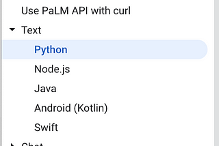 PaLM API quick start side menu