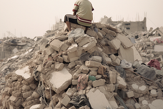 A boy sits on a mountain of rubble