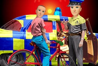 A 1950s image of a cop with a patrol car lecturing a boy on a bicycle. Both the cop’s head and the boy’s head have been replaced with the head of Mark Zuckerberg’s metaverse avatar. The ground has been replaced with a ‘code waterfall’ effect as seen in the Wachowskis’ ‘Matrix’ movies. The background has been replaced with the glaring red eye of HAL 9000 from Stanley Kubrick’s ‘2001: A Space Odyssey.’ The cop’s uniform and car have been decorated to resemble the livery of the Irish Garda (police)