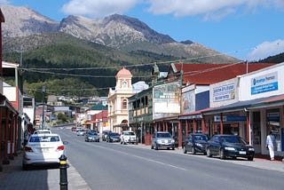 A quiet day on the main street in Queenstown, Tasmania
