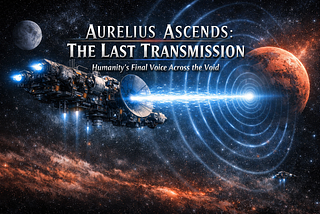 A cinematic sci‑fi illustration showing the spacecraft Aurelius Ascends transmitting a bright blue‑white signal through deep space toward a distant reddish planet. The ship’s antenna dish glows as concentric waves ripple outward, symbolising humanity’s final message before vanishing into the void. The title “Aurelius Ascends: The Last Transmission” and subtitle “Humanity’s Final Voice Across the Void” appear in glowing silver‑white text across the centre.