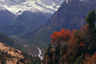 Looking back down the Marsyangdi River Valley, Himalayas, Nepal