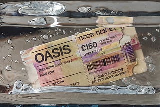 A concert ticket for Oasis frozen in a block of ice