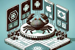 A crab in the center of iOS and Android apps, representing the use of Rust for cross-platform development of mobile applications.