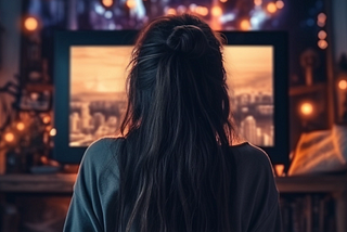 Young woman watching television, view from behind