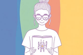 An illustration of a woman with pink glasses holding a notebook with a robot on the cover in front of a colourful rainbow background.