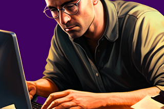 Image of a man working on a computer. Image produced using Midjourney.