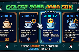A retro video game interface for choosing a Java SDK from a selection of four versions
