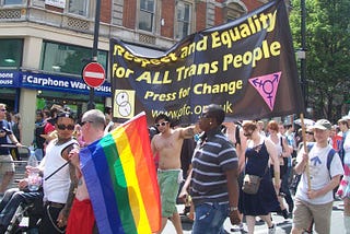 An LGBT+ Pride march in London, 2010. Marchers are holding up a banner by the campaign group Press for Change that reads: ‘Respect and Equality for All Trans People.’