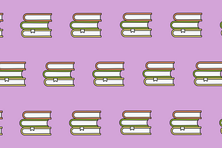 A pattern made up of a repeated icon of three books in a pile on top of each other. The top book has an orange cover, the middle book has a green cover and the bottom book has a yellow cover. The piles of books are on a purple background. The piles of books are on a bright orange background.