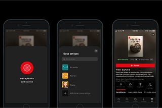 Telas de celular mostrando a interface de um app de streaming de videos.